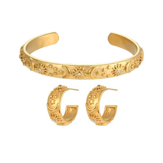 Waterproof 18K Gold Plated Jewelry for Women Stainless Steel Cubic Zirconia Diamond Star Moon Sun Bracelet Earring Ring Set Waterproof 18K Gold Plated Jewelry for Women Stainless Steel Cubic Zirconia Diamond Star Moon Sun Bracelet Earring Ring Set